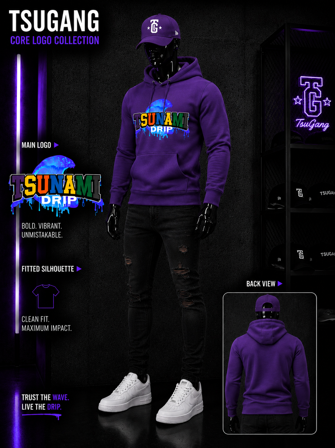 Purple hoodie and cap with 'TSUNAMI DRIP' branding on a dark background