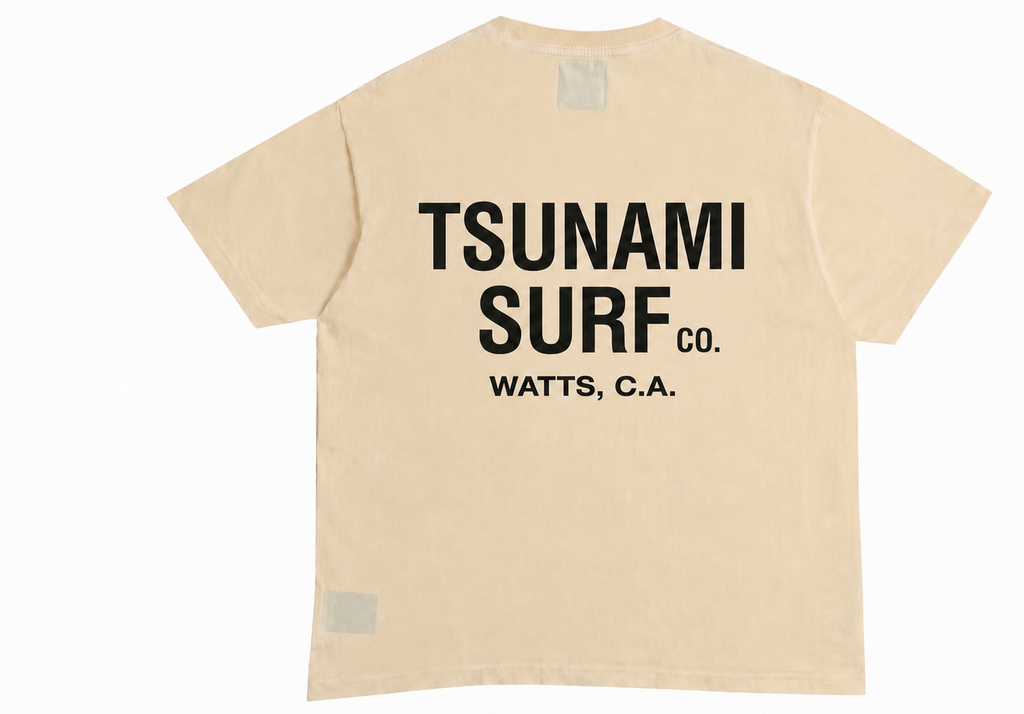 Beige t-shirt with 'Tsunamir Surf Co. Watts, C.A.
60.00$